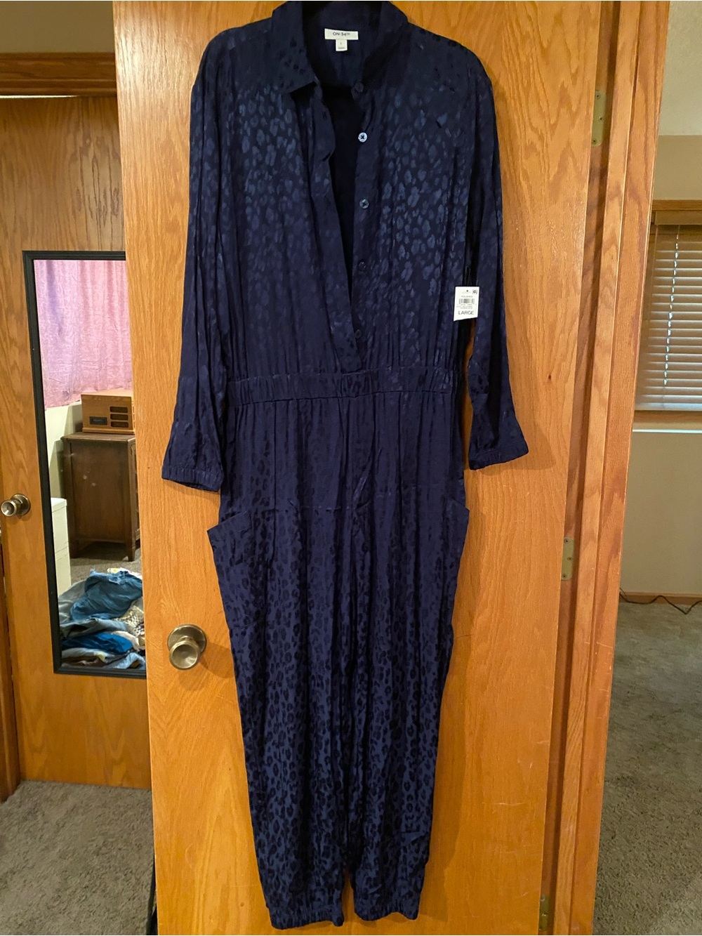 Closed Button-Front Navy Textured Jumpsuit
